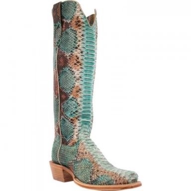 R Watson Teal And Copper Narrow Square Toe Python Western Boot