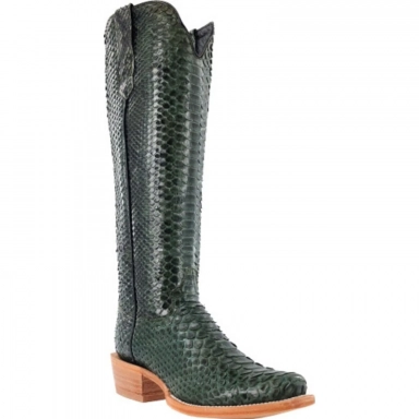 R Watson Dark Green Narrow Square Toe Python Western Boot