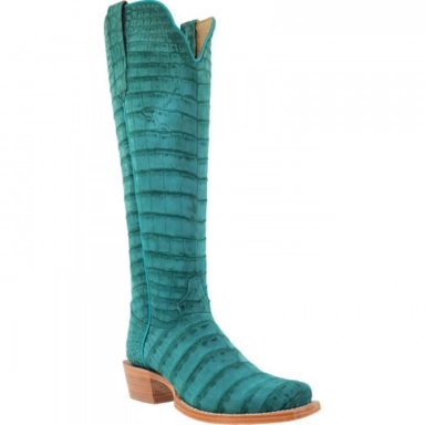 R Watson Turquoise Narrow Square Toe Sueded American Alligator Western Boot