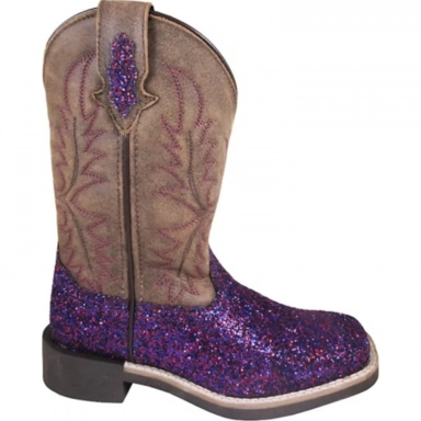 Smoky Mountain Kids Ariel Purple Glitter-Brown Distress Western Boot