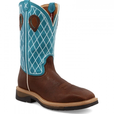 Twisted X Mens 12" Western Work Boot Brown Distressed/Turquoise