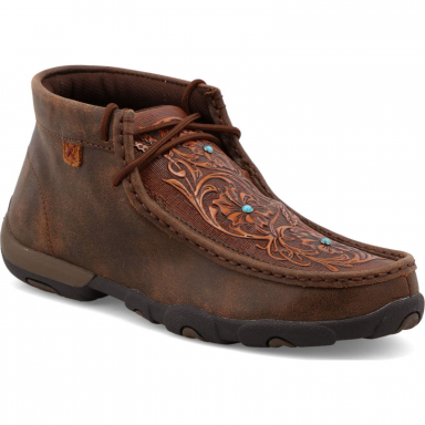 TwistedX Womens Driving Moccasin Brown Tooled Flowers WDM0081
