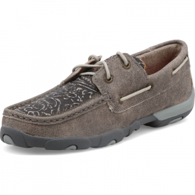 TwistedX Womens Boat Shoe Driving Moc Grey & Tooled WDM0130