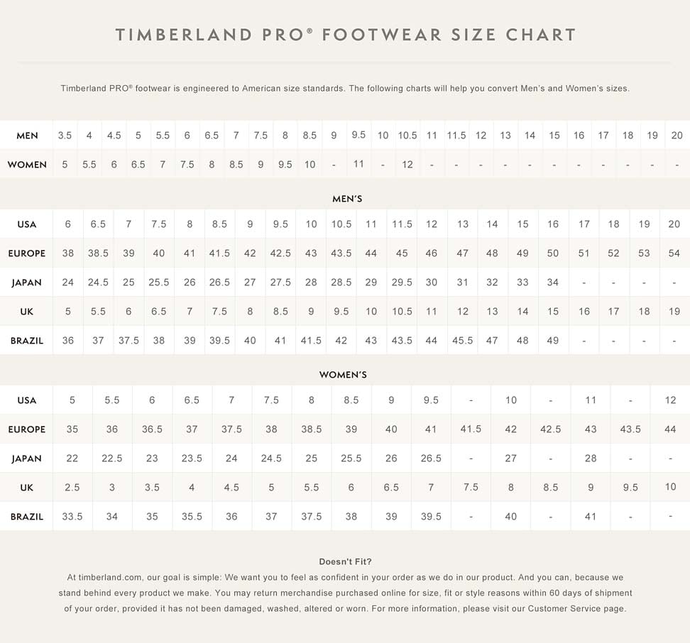 Timberland Pro Size Chart